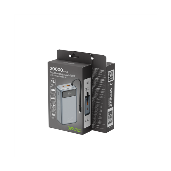 65 W Snelladende powerbank met geïntegreerde kabels, 20000 mAh