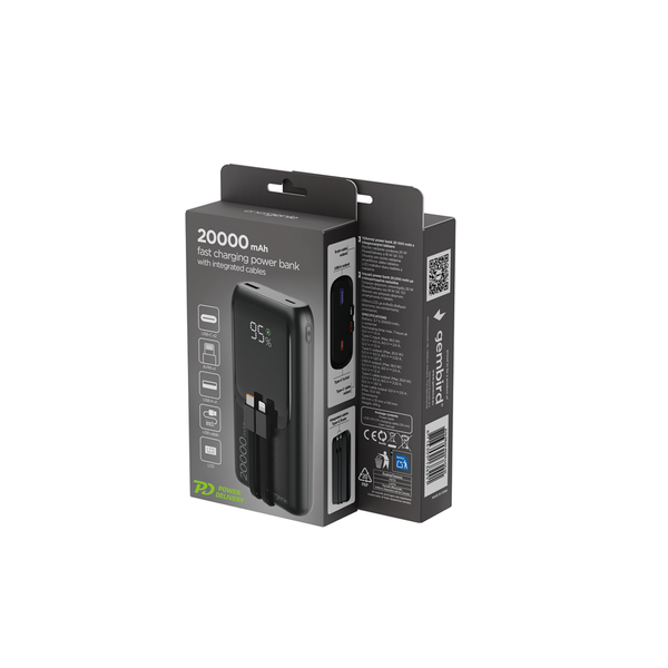 20 W Snelladende powerbank met geïntegreerde kabels, 20000 mAh, zwart