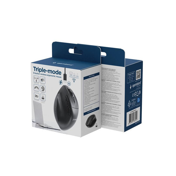 Triple-mode draadloze ergonomische muis met 9 knoppen, 2.4G+BT+USB